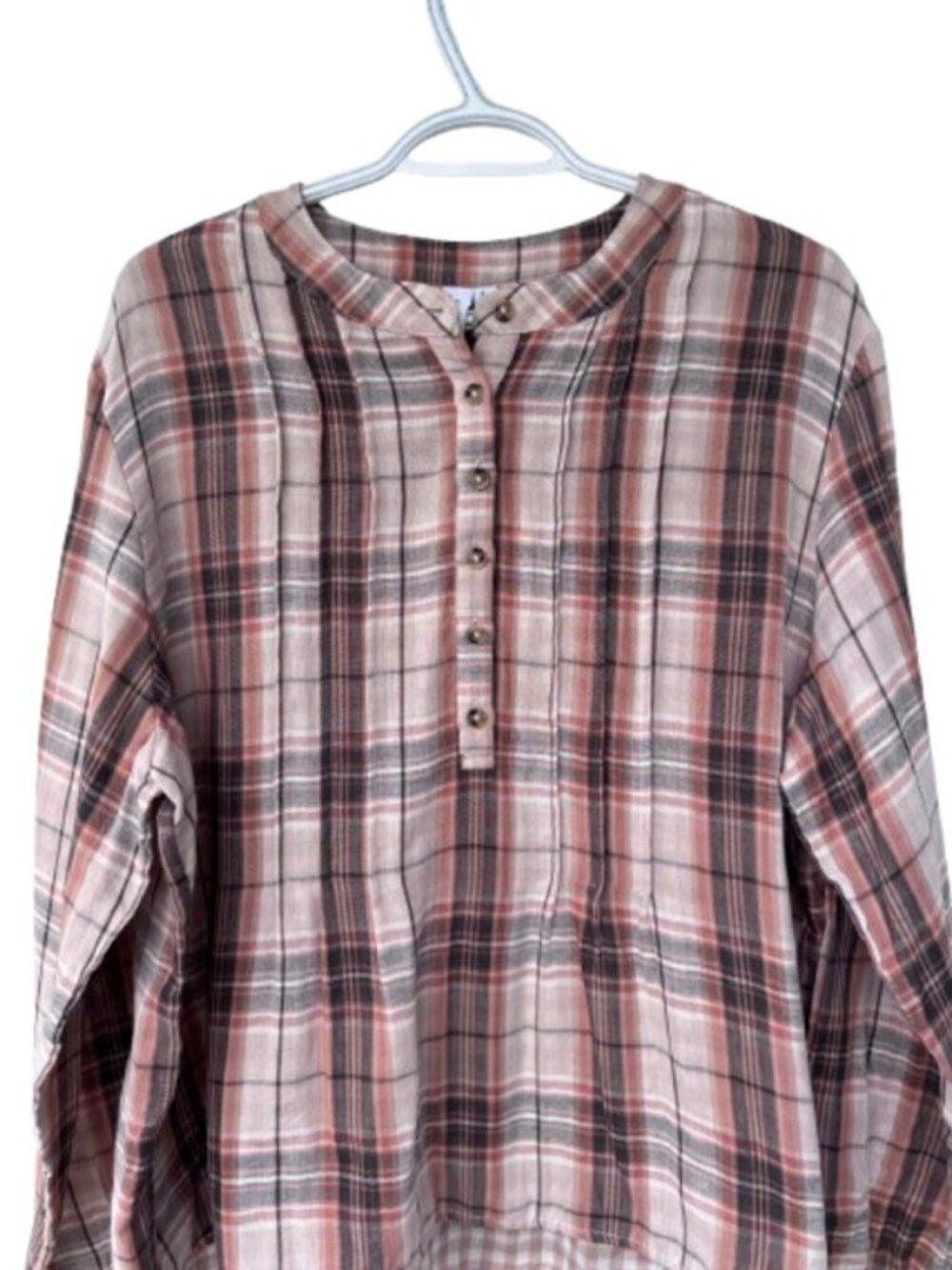 Grace + Karma plaid henley long sleeve shirt pink, cream women's size L NWT - Picture 3 of 7